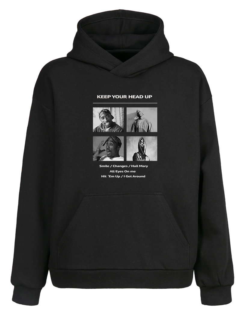Siyah Oversize Fit 2pac Tupac Kapüşonlu Hoodie Sweatshirt