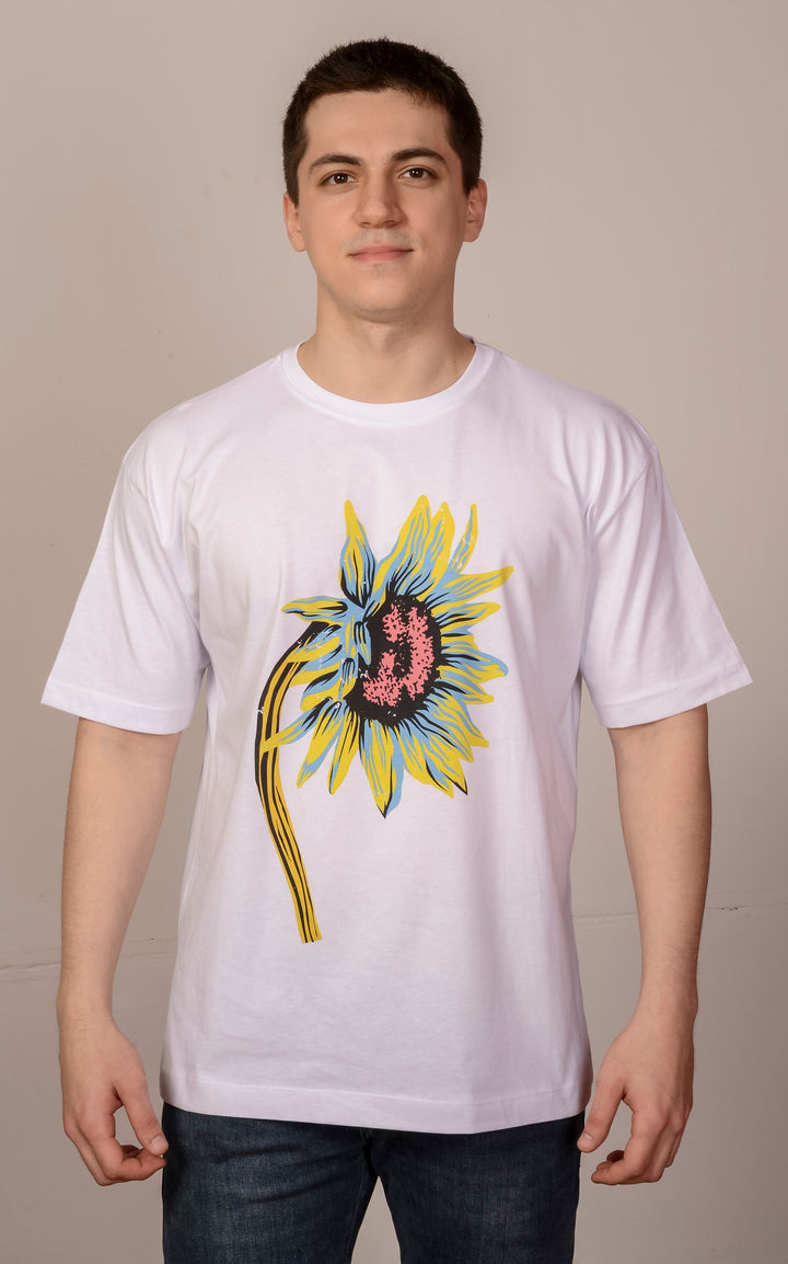 Beyaz Oversize Ayçiçek T-Shirt
